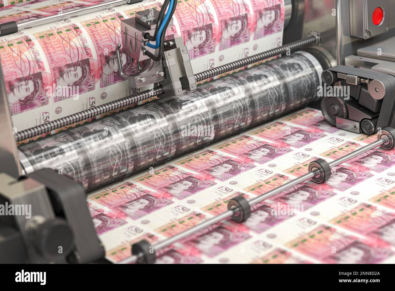 Drucken von britischen Pfund-Scheinen auf einer Druckmaschine in der Typografie. Finanzen, Steuern, Börsen und Investitionen, Geldverdiener-Konzept. 3D illus Stockfoto