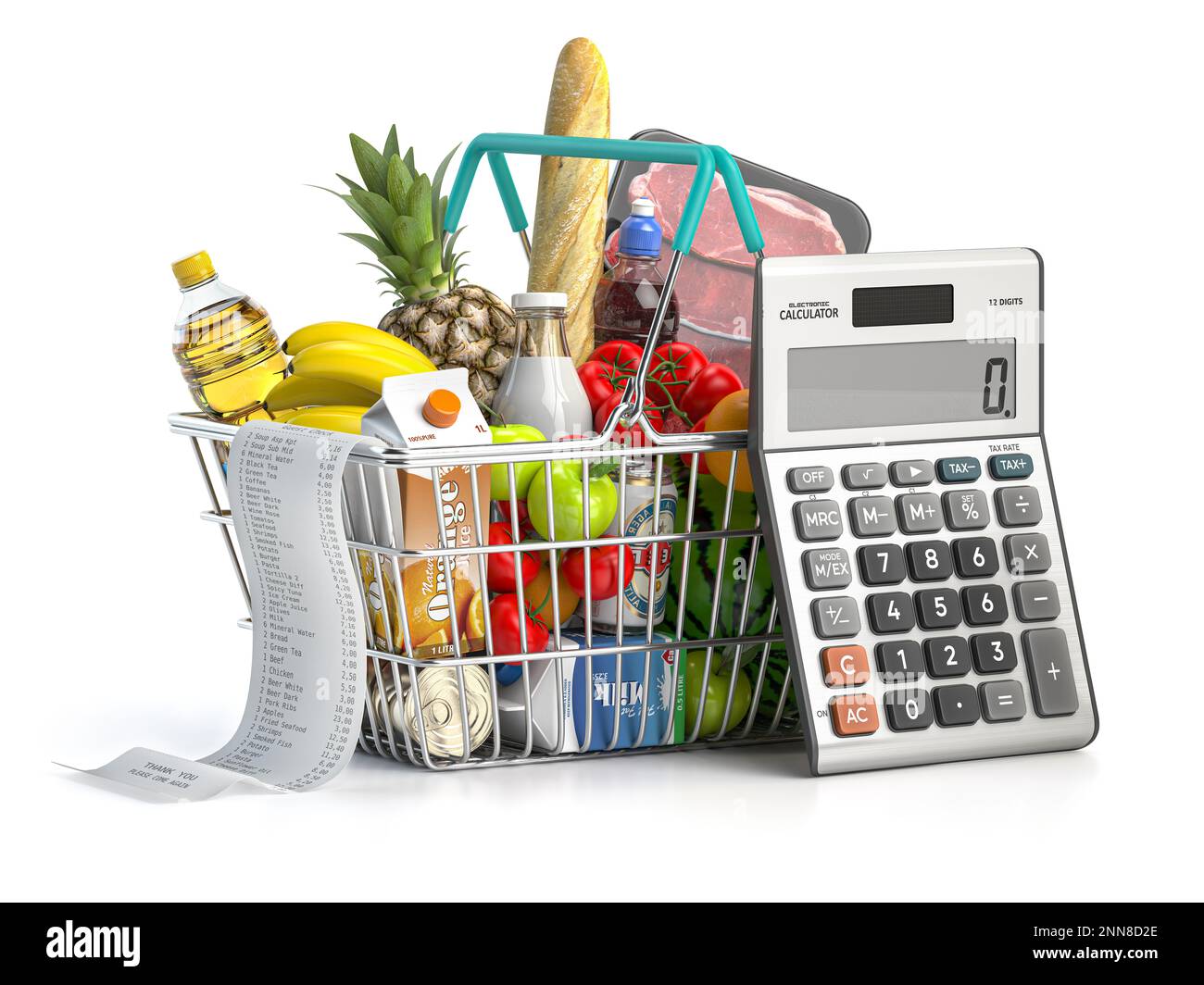 Einkaufskorb voller Lebensmittel mit Beleg und Taschenrechner isoliert auf weiß. Eigenheimbudget, Ersparnisse, Inflation und Konsumerismus. 3D illus Stockfoto