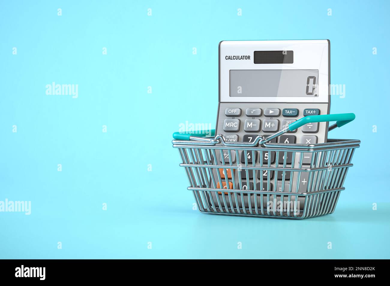 Taschenrechner im Warenkorb. Eigenheimbudget, Ersparnisse, Inflation und Konsumerismus. 3D Abbildung Stockfoto