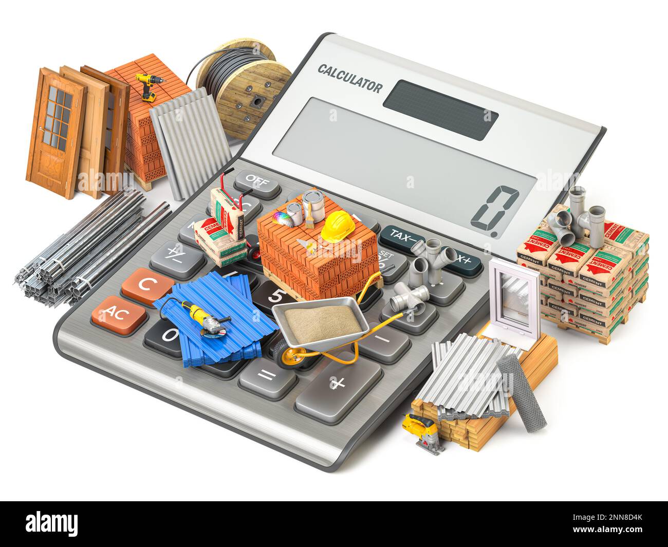 Bau- und Baumaterialien und Werkzeug auf dem Taschenrechner. Berechnung der Kosten für Bau- und Renovierungskonzept. 3D Abbildung Stockfoto
