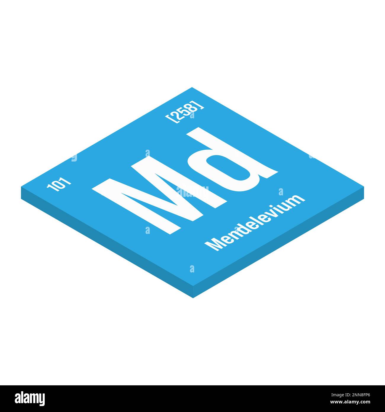 Mendelevium, MD, Periodenelement mit Name, Symbol, Atomzahl und Gewicht. Synthetisches radioaktives Element mit Einsatzmöglichkeiten in der wissenschaftlichen Forschung und der Kernenergie. Stock Vektor