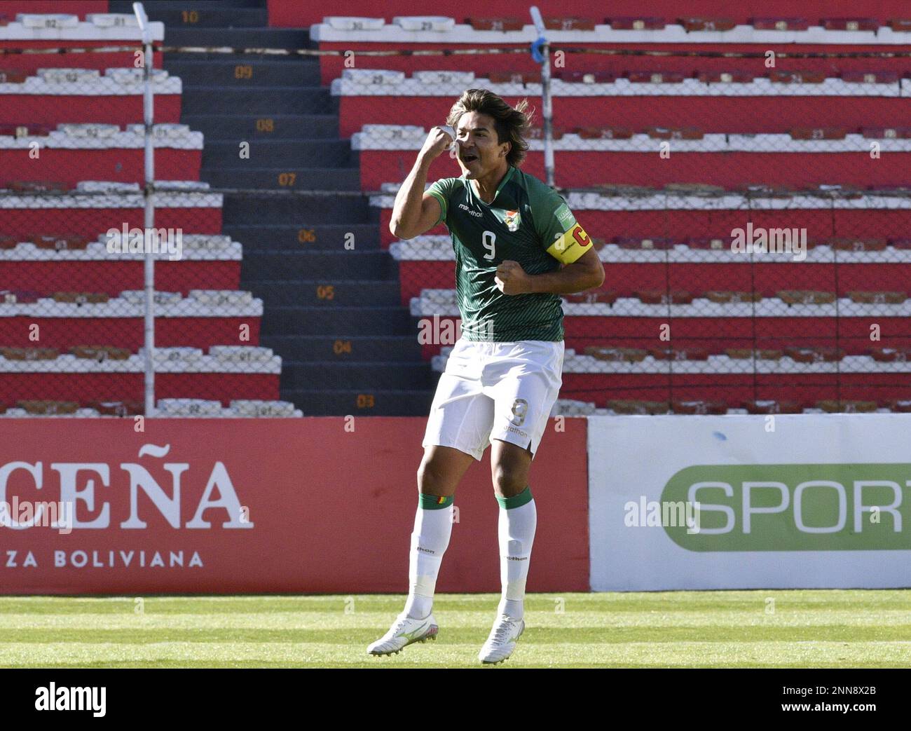 Bolivia's Marcelo Martins celebrates after scoring the opening goal against Venezuela during World Cup qualifying soccer match in La Paz, Bolivia, Thursday, June 3, 2021.(Martin Alipaz/Pool via AP) Stockfoto