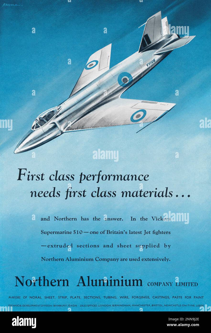 1950 britische Werbung für Northern Aluminium, in der der Prototyp des Düsenflugzeugs Supermarine 510 gezeigt wird. Stockfoto
