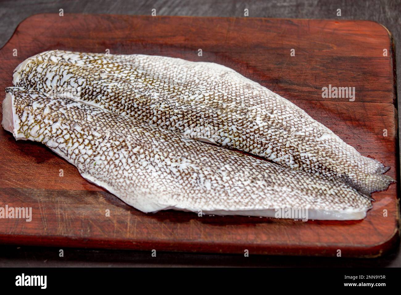 Seefischfilet (Pseudopercis numida), isoliert im selektiven Fokus. Bekannt als Freund Fisch Stockfoto