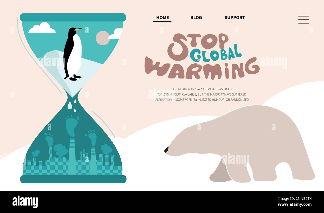 Landing-Page mit Buchstaben Stop Global Warming und Sanduhr. Gletscherschmelze, Klimawandel und Eisbär, Pinguin sterben aus. Globales Problem mit Stock Vektor