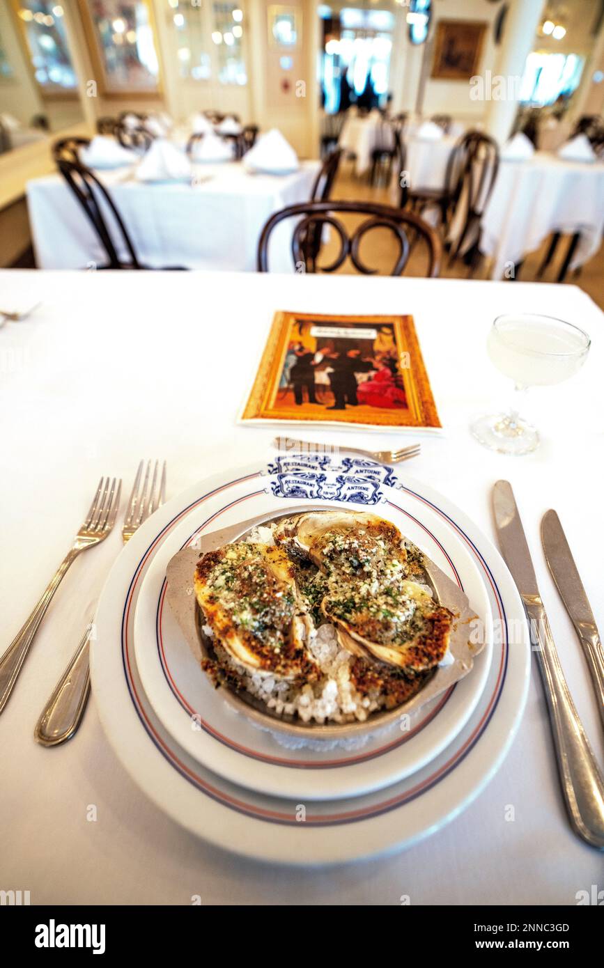 Gegrillte Austern mit Knoblauch und Parmesan, Lemon Martini, Antoines Restaurant, French Quarter New Orleans, Louisiana USA, USA Stockfoto