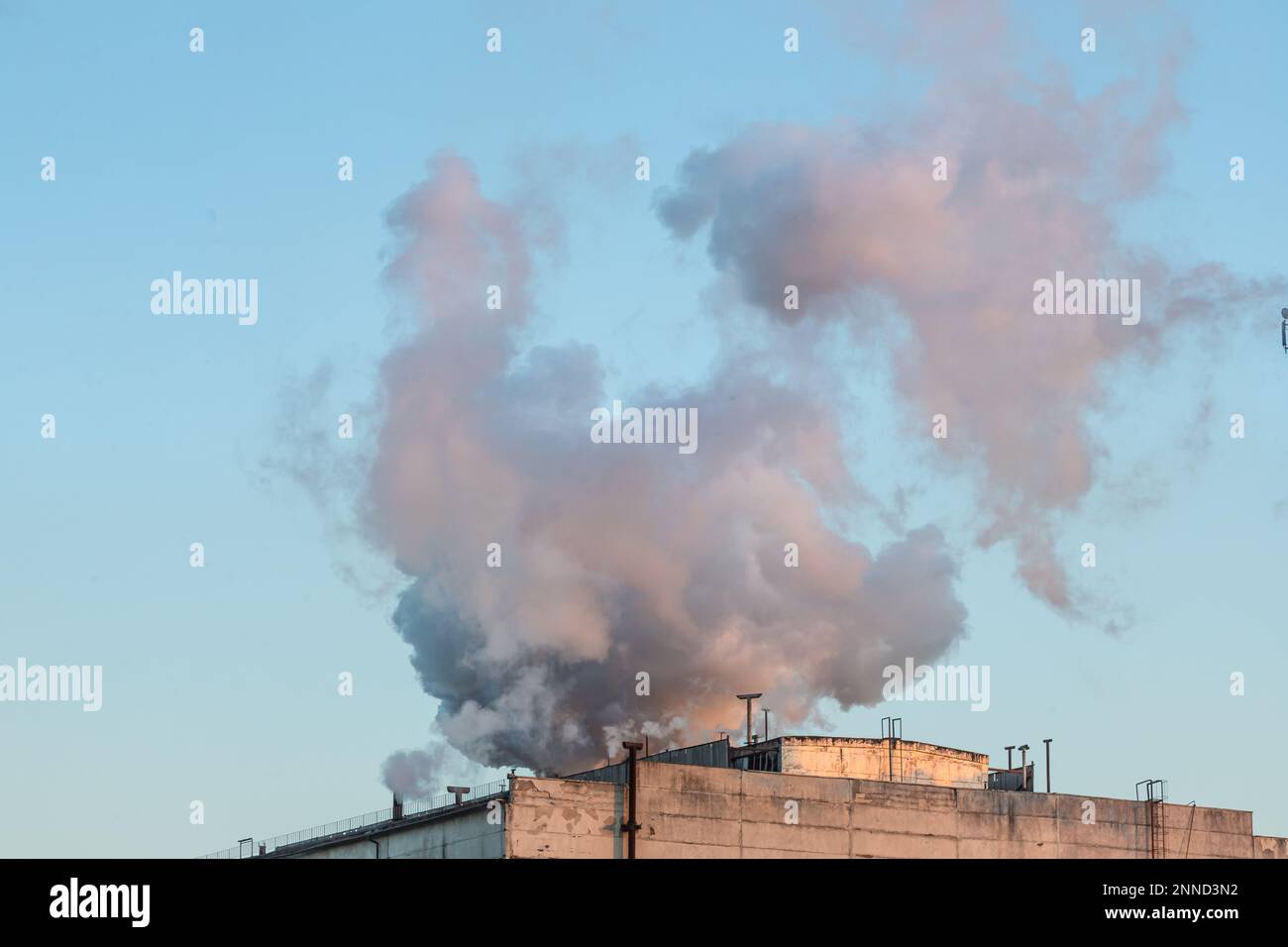 Ziegelschornstein mit weißem Rauch über einem Industriegebäude. Stockfoto