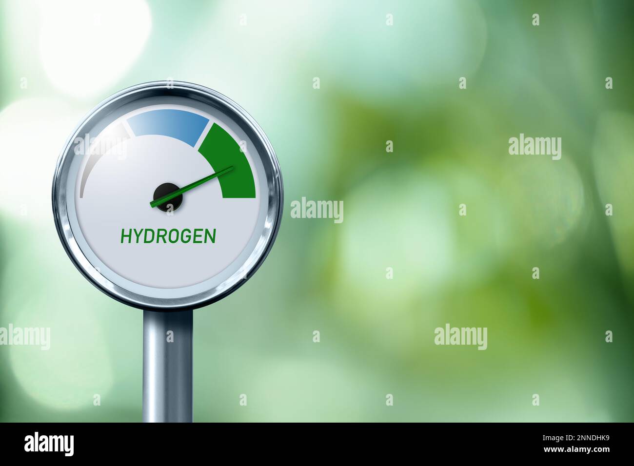 Wasserstoffmessgerät mit Baumfarben – Grau, Blau und Grün. Konzept der Herstellung von grünem Wasserstoff Stockfoto