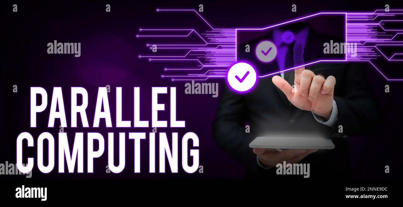 Handgeschriebenes Schild Parallel Computing. Wort für gleichzeitige Berechnung mittels Software und Hardware Stockfoto