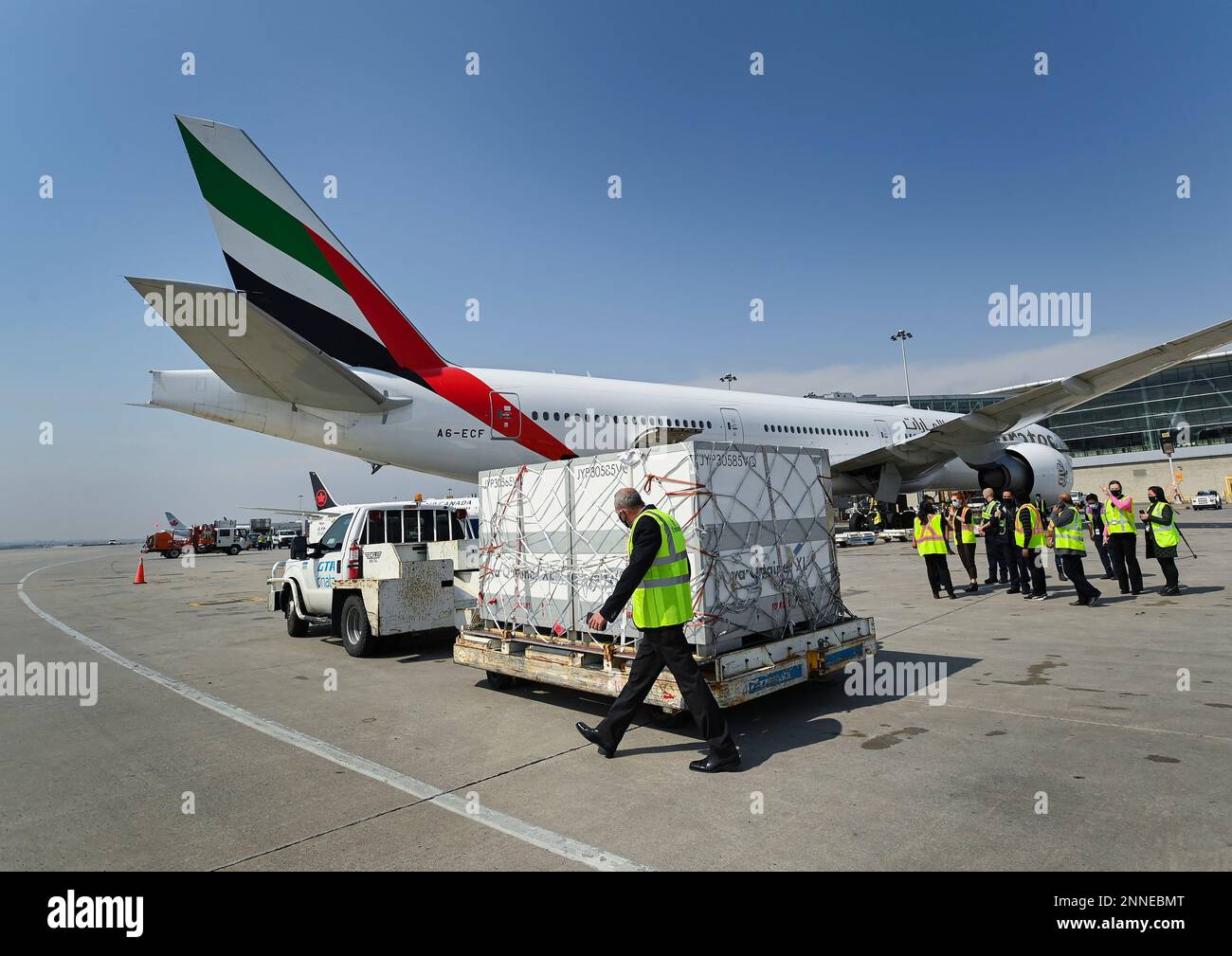 Airport ground crew offload a plane carrying just under 300,000 doses ...