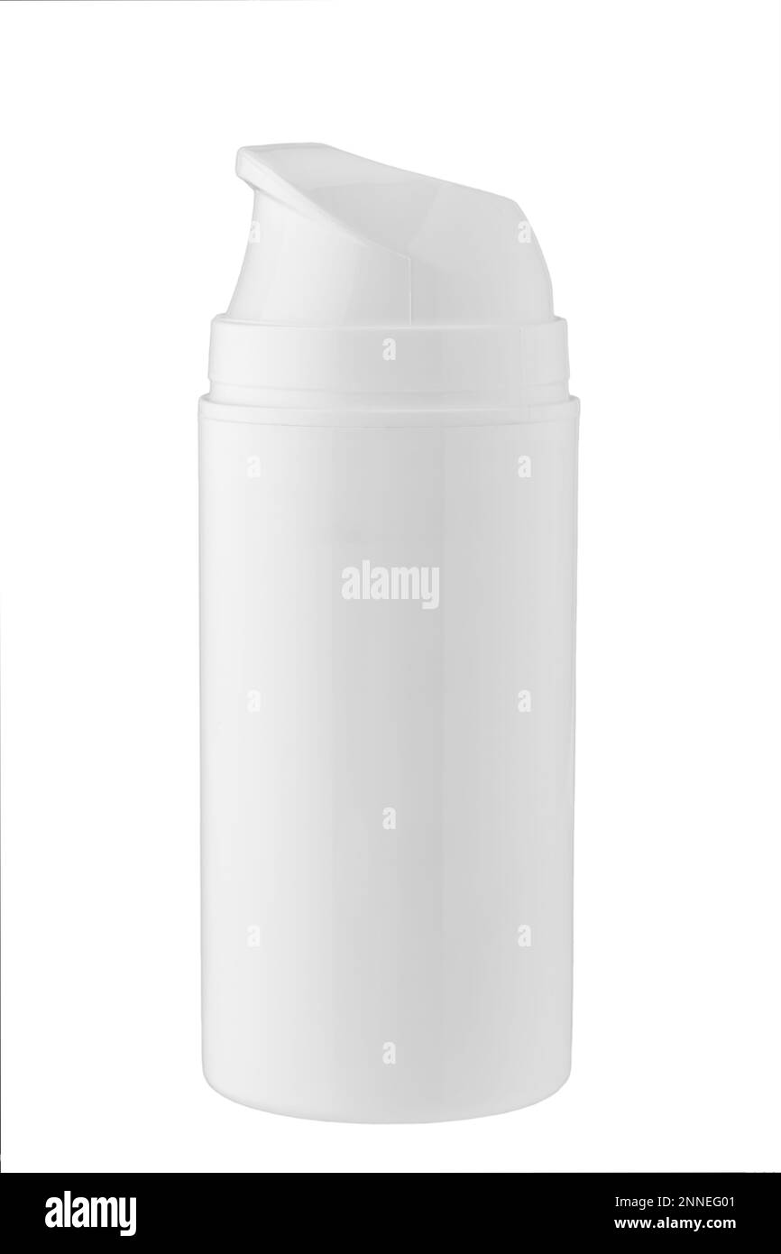 Сosmetic Flasche. Leere, auf weißem Hintergrund isolierte Flasche für Kosmetikpumpe. Datei enthält Beschneidungspfad. Stockfoto