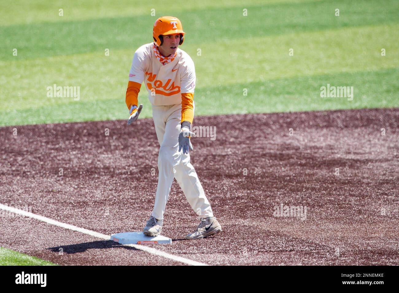 Tennessee Volunteers second baseman Max Ferguson (2) in action against the Florida Gators on Robert M. Lindsay Field at Lindsey Nelson Stadium on April 11, 2021, in Knoxville, Tennessee. (Danny Parker/Four Seam Images via AP) Stockfoto