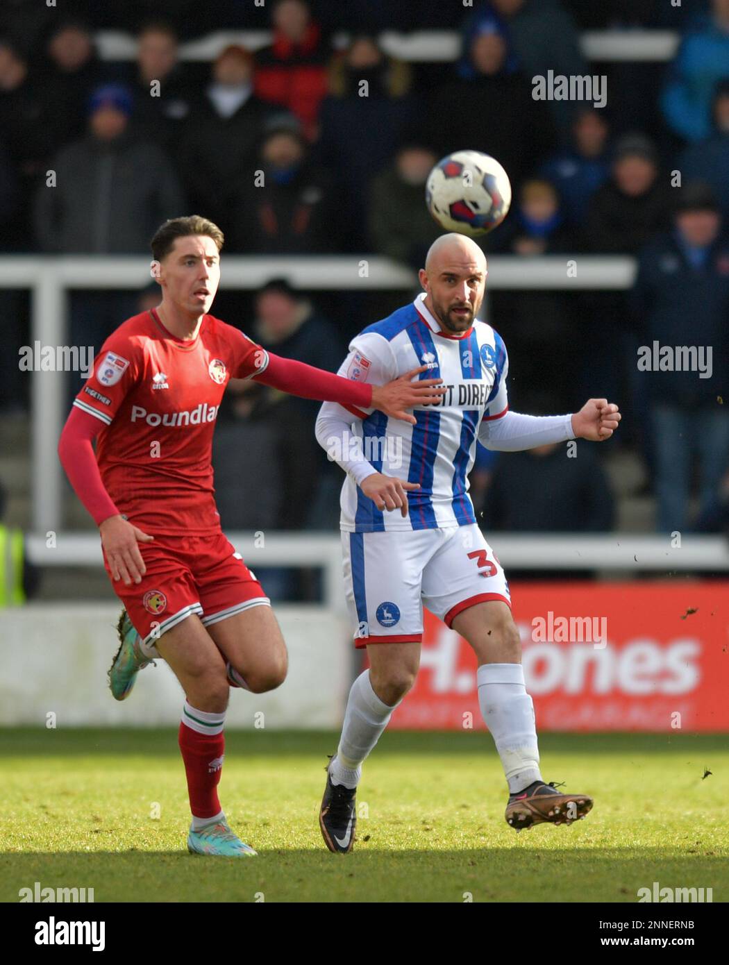 Hartlepool, Großbritannien. 21. Januar 2023. Peter Hartley von Hartlepool United ist während des Spiels der Sky Bet League 2 zwischen Hartlepool United und Walsall am Samstag, den 25. Februar 2023 im Victoria Park in Hartlepool auf freiem Fuß. (Foto: Scott Llewellyn | MI News) Guthaben: MI News & Sport /Alamy Live News Stockfoto