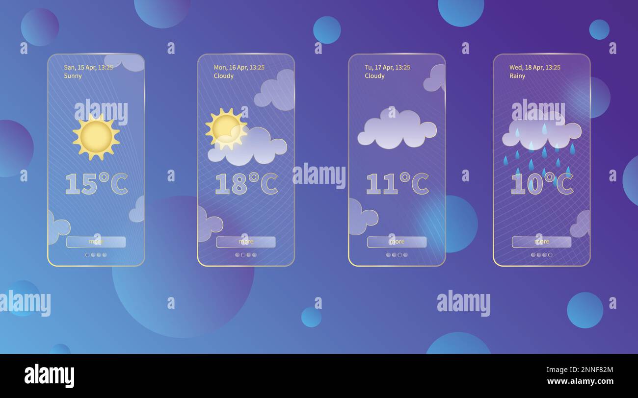 Set aus 3D Glasmorphismus Wettervorhersage App-Vorlage Interface Design Kit. Tag-Meteo-Symbole auf dunkelblauem Hintergrund mit Farbverlauf Saison-Kollektionen smart Stock Vektor