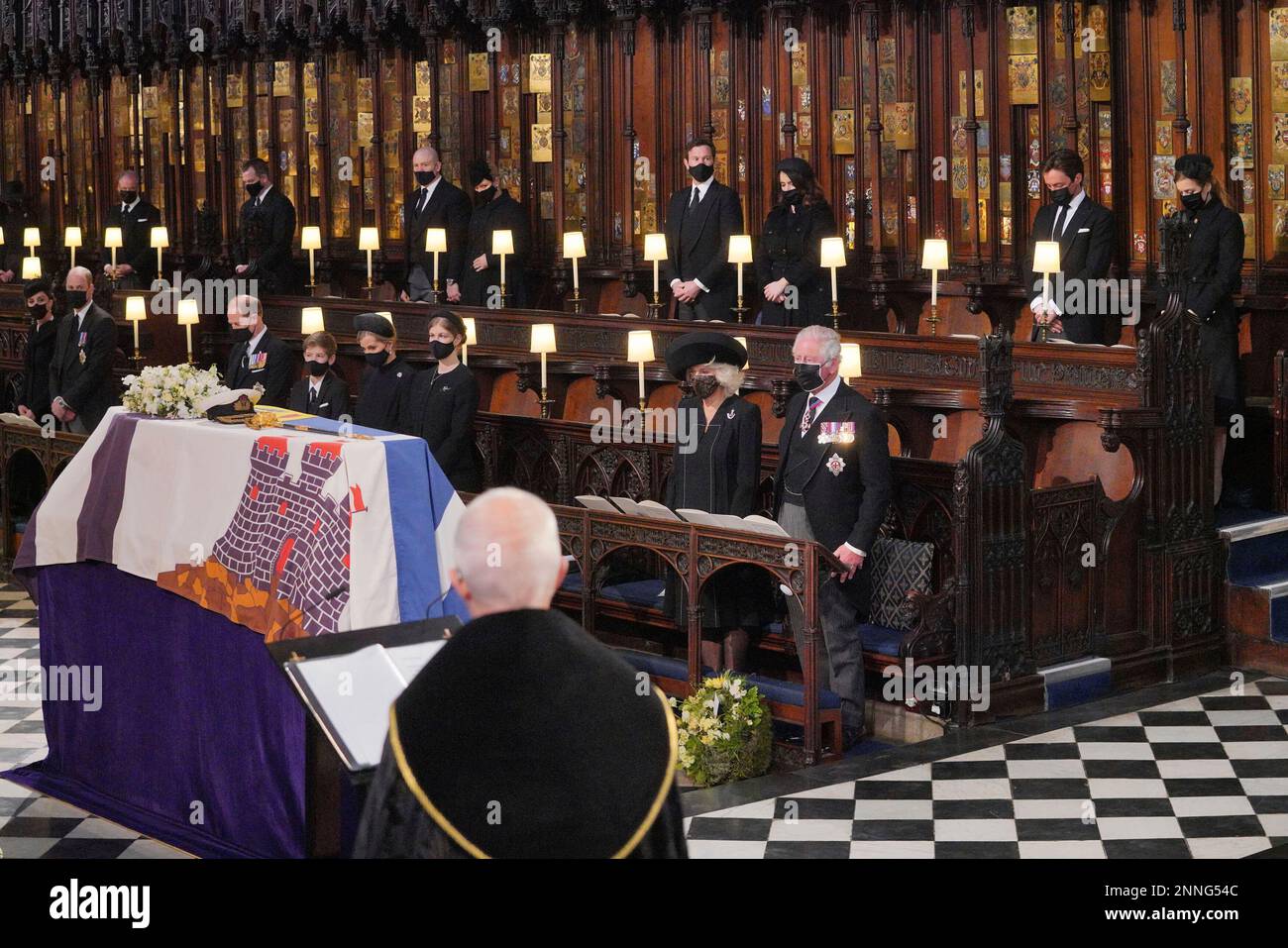 Mourners including, front row from left, Kate Duchess of Cambridge