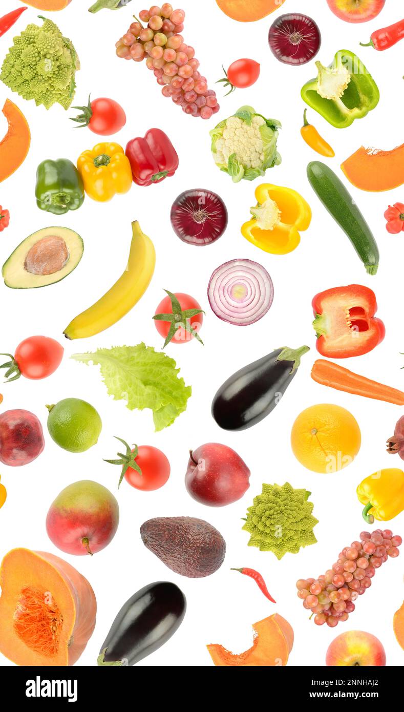 Vertikales, farbenfrohes, nahtloses Muster, frisches, helles Gemüse und Früchte, isoliert auf weißem Hintergrund. Stockfoto