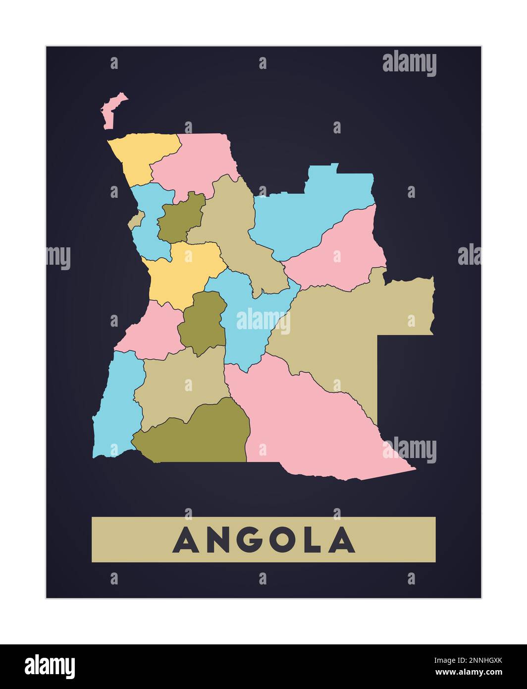 Angola-Karte. Länderposter mit Regionen. Form Angolas mit Ländernamen. Wunderschöne Vektordarstellung. Stock Vektor