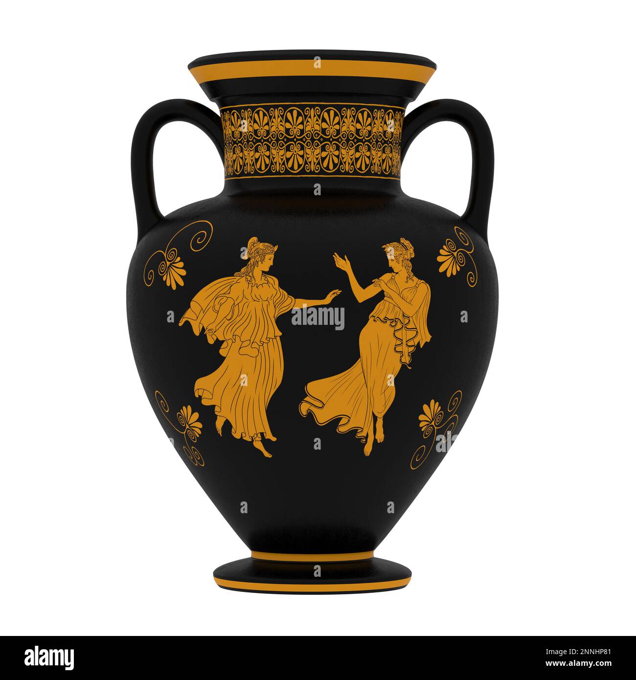 Alte griechische schwarze Vase mit einem schlängelnden Ornament und Muster von zwei tanzenden Frauen isoliert auf weißem Hintergrund. 3D-Rendern Stockfoto