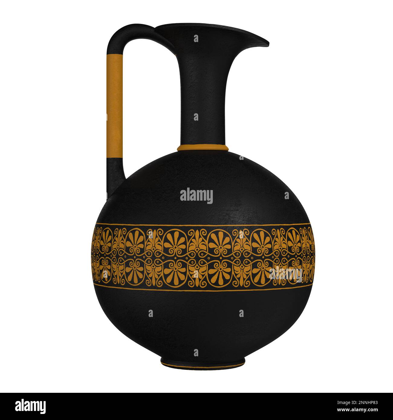 Alte griechische schwarze Vase mit einem schlängelnden Ornament mit langem engem Hals und einem isolierten Griff auf weißem Hintergrund. 3D-Rendern Stockfoto