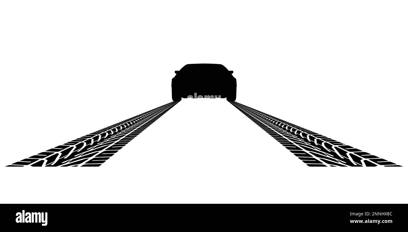 Ein leichter Sportwagen fährt weg und hinterlässt eine Spur Reifenprofil. Schwarze Silhouette isoliert auf weißem Hintergrund. Stock Vektor