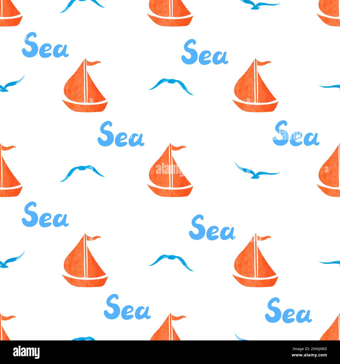 Nahtloses Marinemuster mit Booten und Möwen auf Weiß. Meeresvektorhintergrund. Design mit Babydruck. Stock Vektor