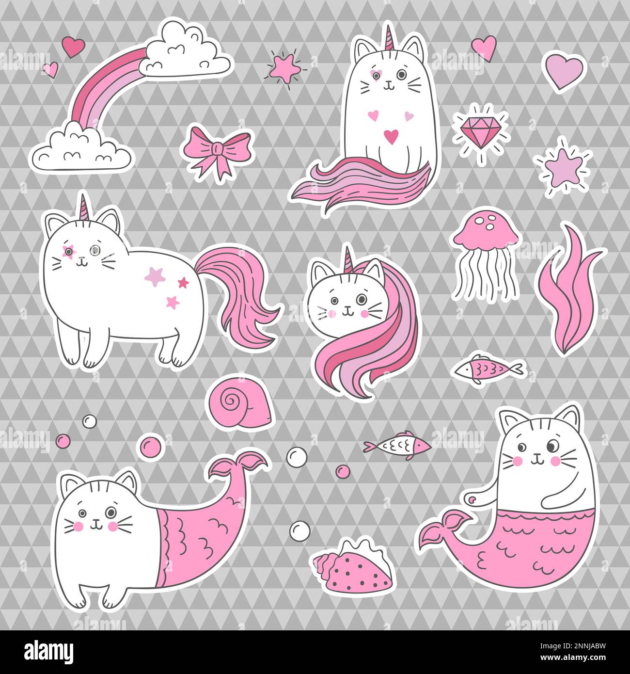 Süßes Einhorn, Meerjungfrau. Set mit dekorativen Elementen, trendigen Aufklebern, Aufklebern. Vektordarstellung. Stock Vektor