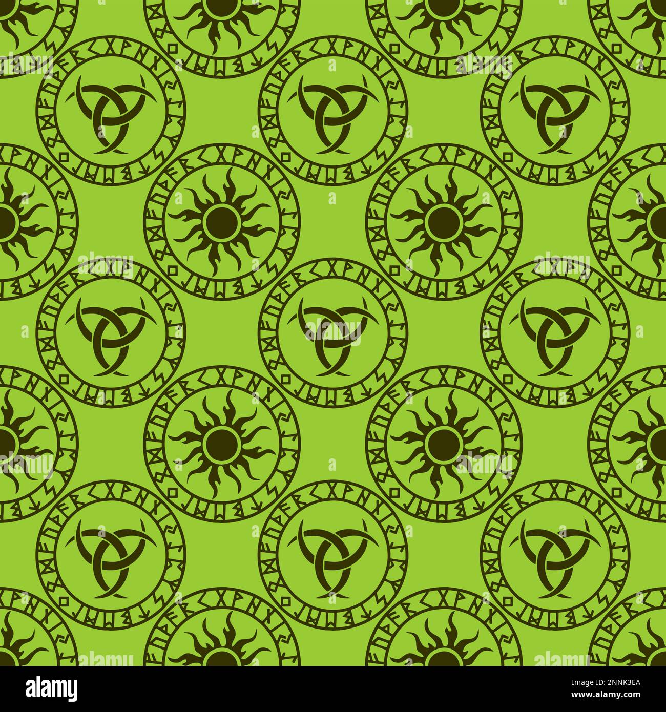Nahtloses keltisches Muster aus grünen runden Elementen auf olivem Hintergrund, Struktur, Design Stockfoto
