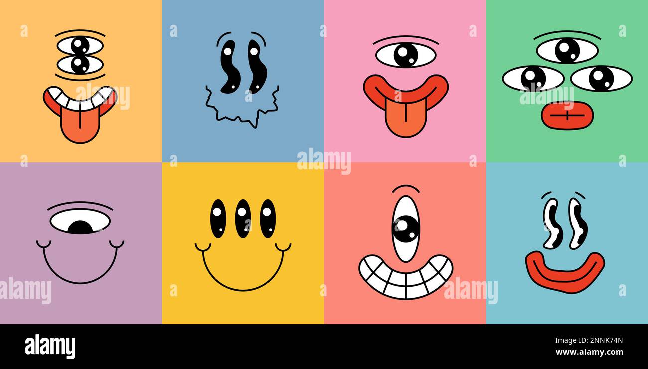 Cartoon, verrückte Smiley-Figur auf quadratischen, bunten Aufklebern ...