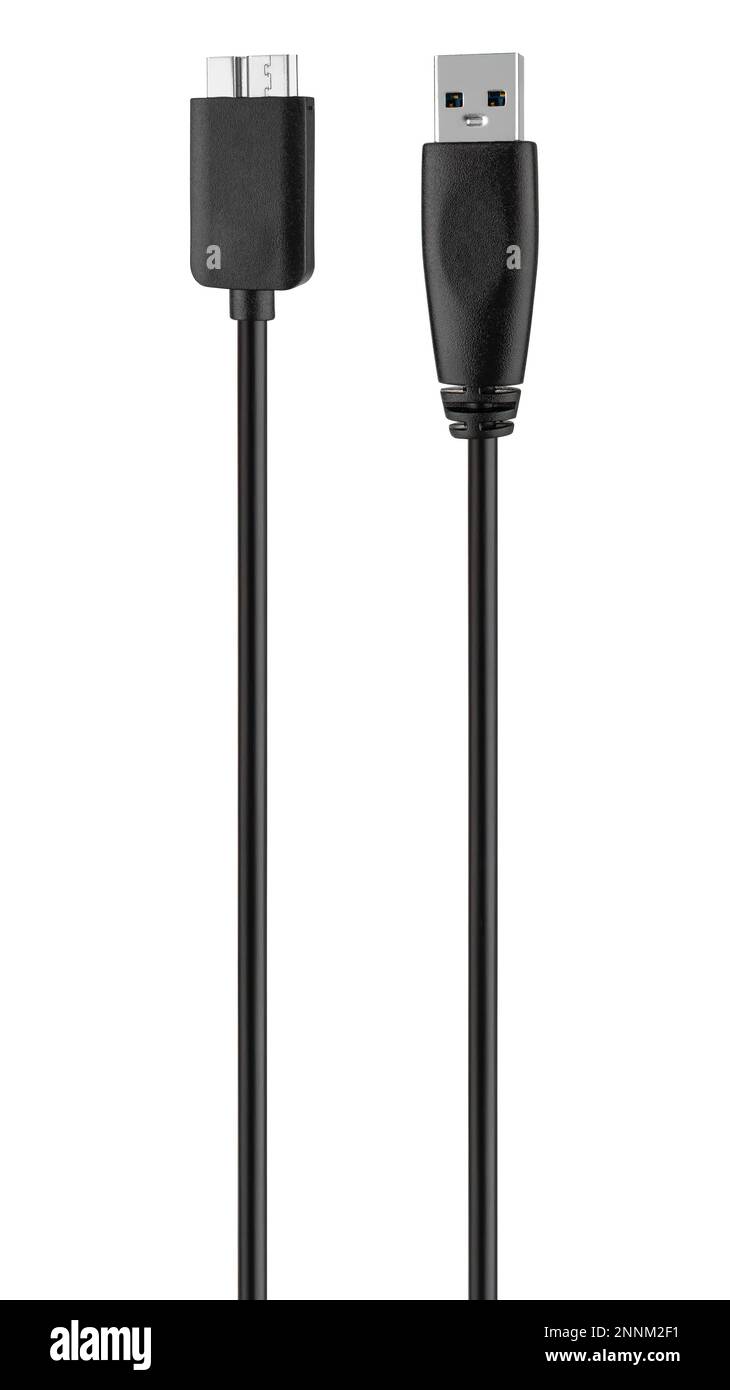 USB 3,0 Micro-B- und USB-Kabel auf weißem Hintergrund Stockfoto