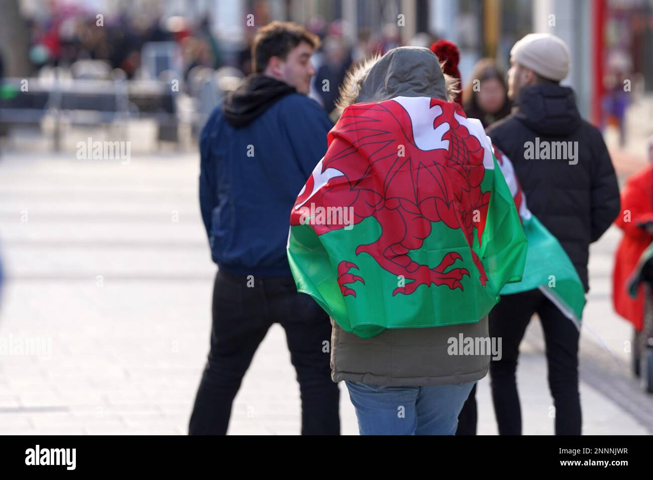 Wales- und England-Fans trampelten in Cardiff vor dem Rugby-Gewerkschaftsspiel der sechs Nationen Nationalflaggen. Stockfoto