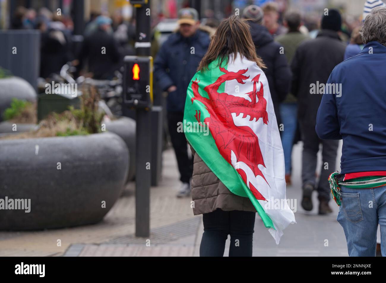 Wales- und England-Fans trampelten in Cardiff vor dem Rugby-Gewerkschaftsspiel der sechs Nationen Nationalflaggen. Stockfoto