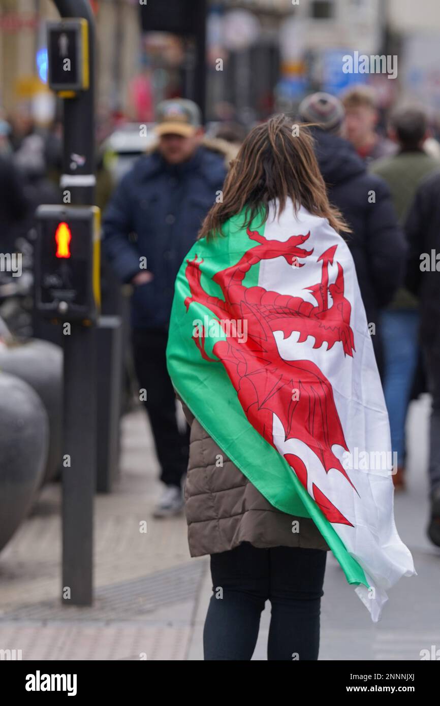 Wales- und England-Fans trampelten in Cardiff vor dem Rugby-Gewerkschaftsspiel der sechs Nationen Nationalflaggen. Stockfoto