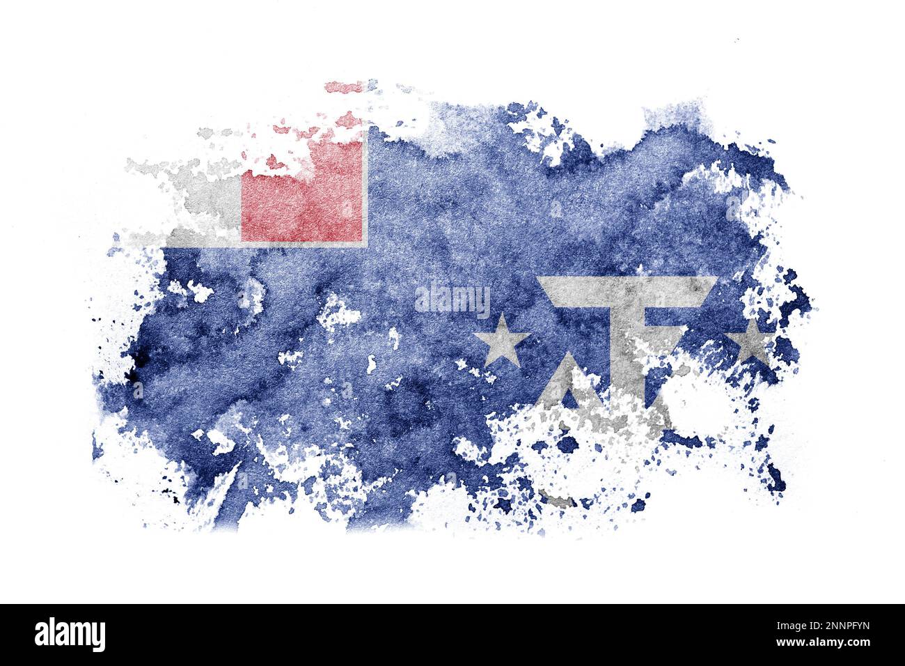 Französische, südliche und antarktische Länder Flaggenhintergrund auf weißem Papier mit Aquarell Stockfoto