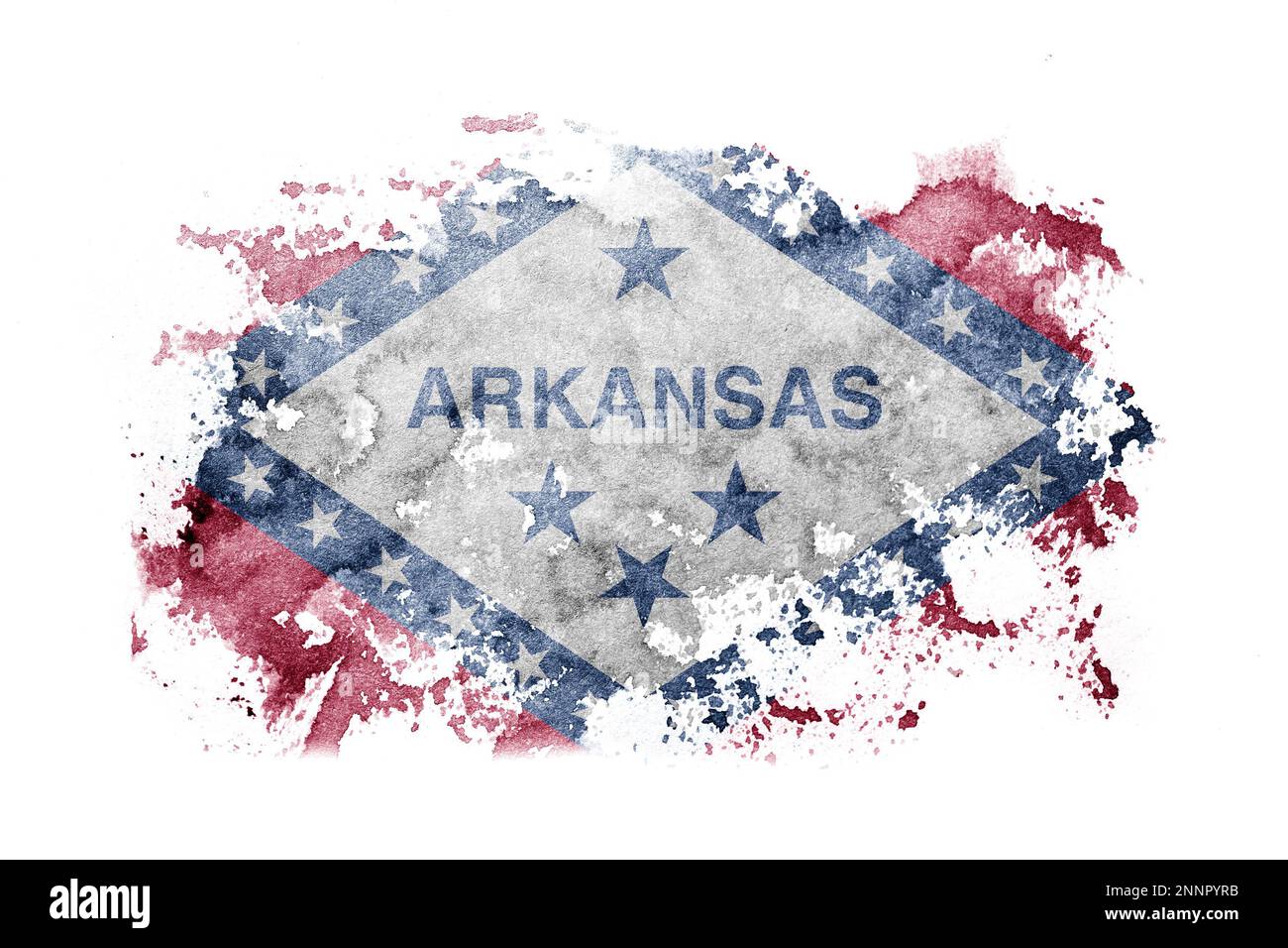 Vereinigte Staaten von Amerika, Amerika, USA, USA, Hintergrund der Flagge von Arkansas, Arkansan, auf weißem Papier in Aquarell Stockfoto