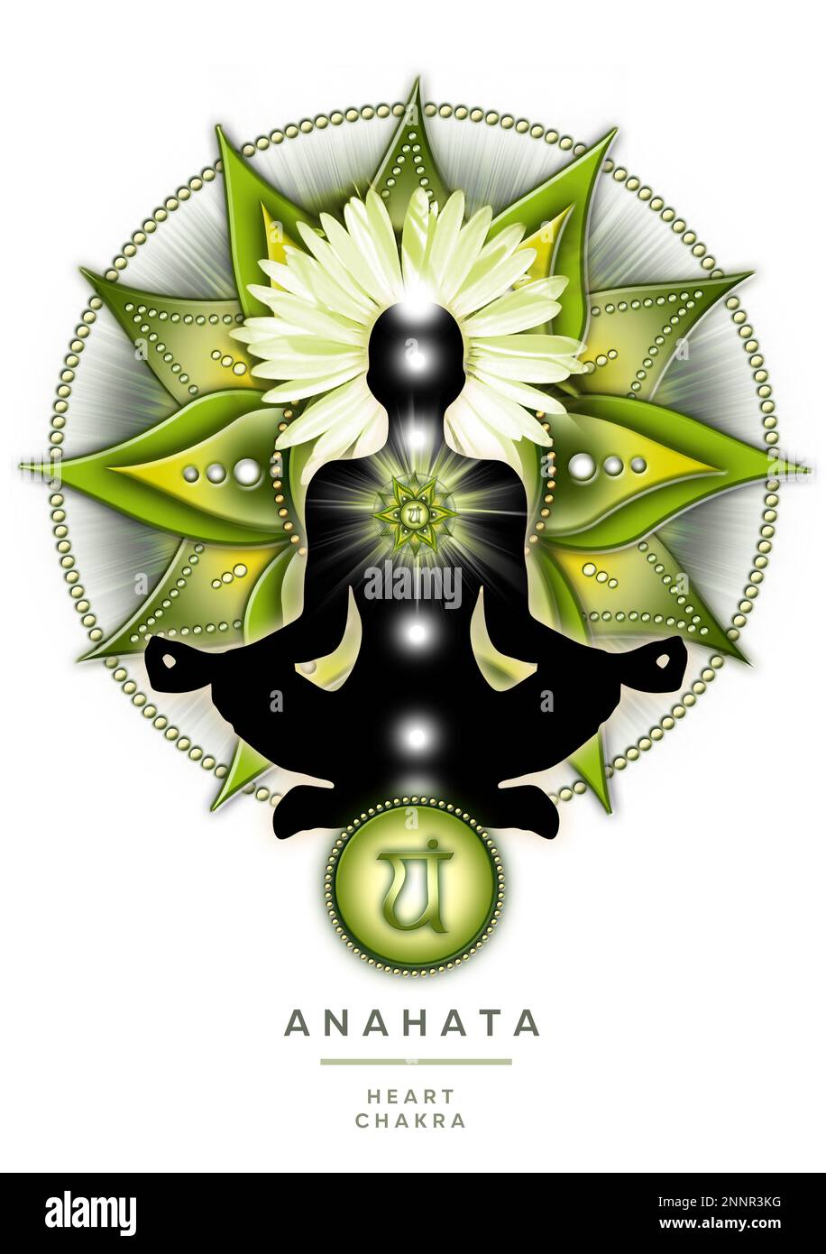 Herz-Chakra-Meditation in Yoga-Lotus-Pose, vor Anahata-Chakra-Symbol. Stockfoto