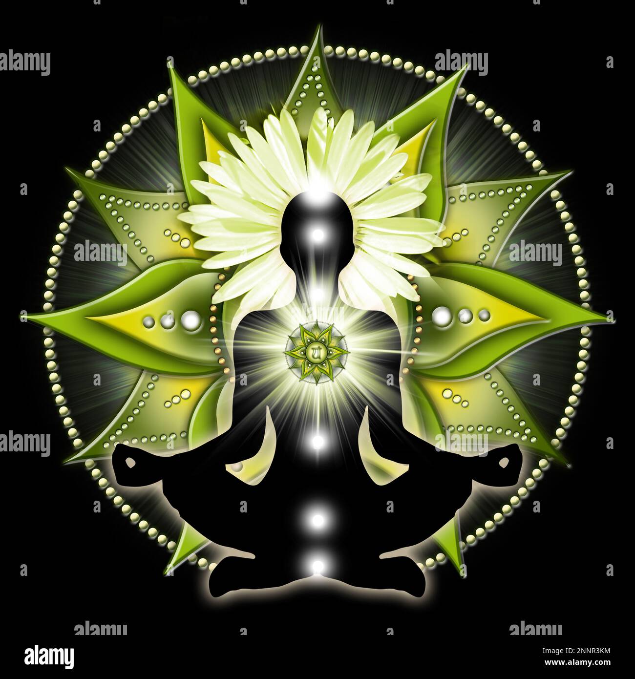 Herz-Chakra-Meditation in Yoga-Lotus-Pose, vor Anahata-Chakra-Symbol. Stockfoto
