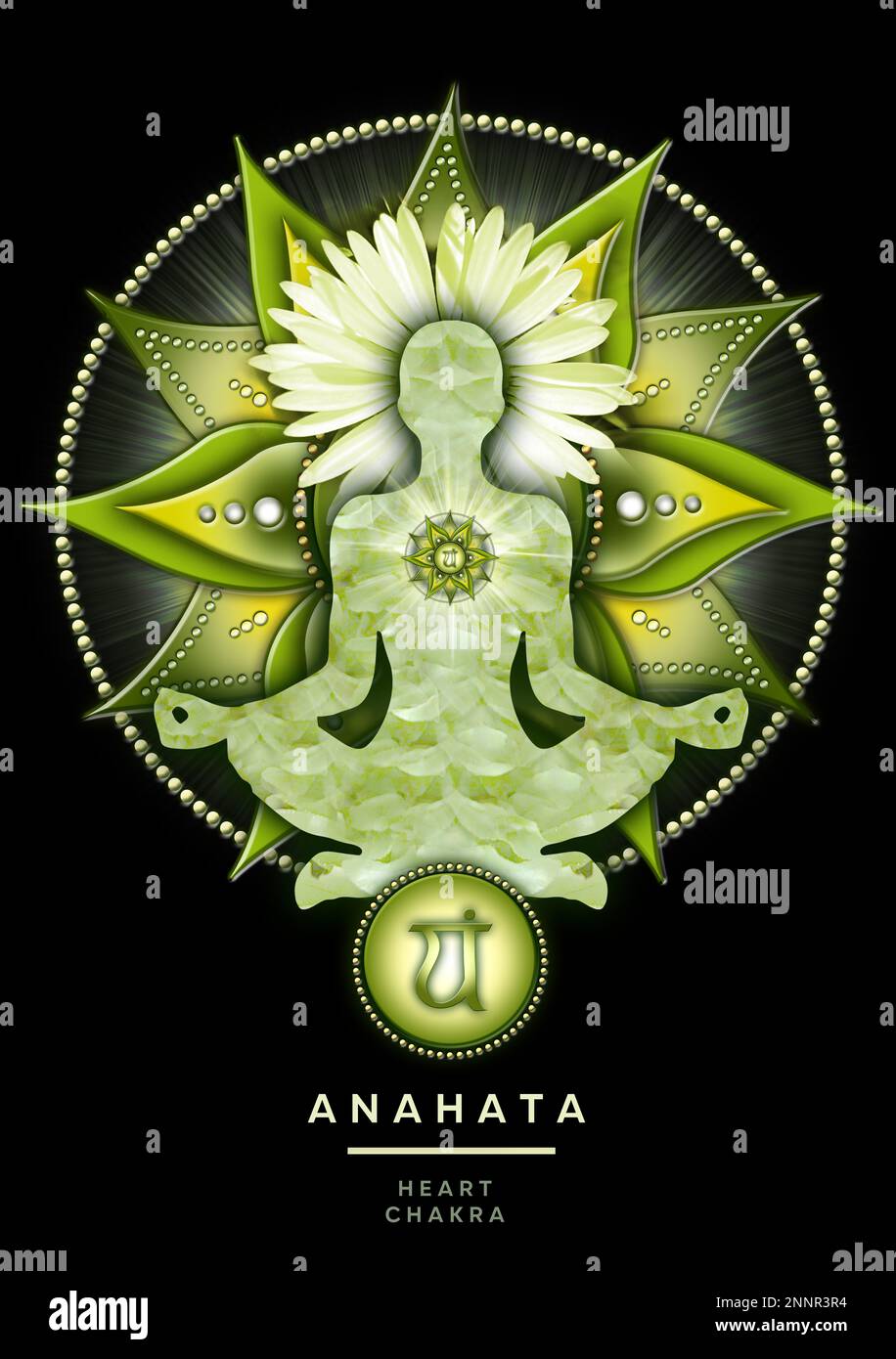 Herz-Chakra-Meditation in Yoga-Lotus-Pose, vor Anahata-Chakra-Symbol. Stockfoto