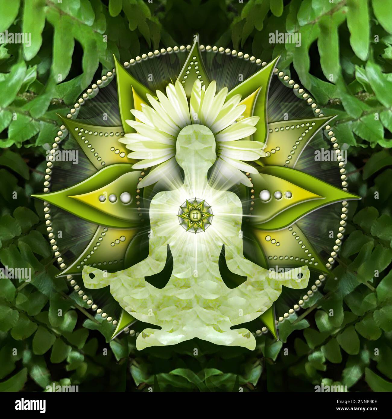 Herz-Chakra-Meditation in Yoga-Lotus-Pose, vor Anahata-Chakra-Symbol und beruhigenden, grünen Farnen. Stockfoto