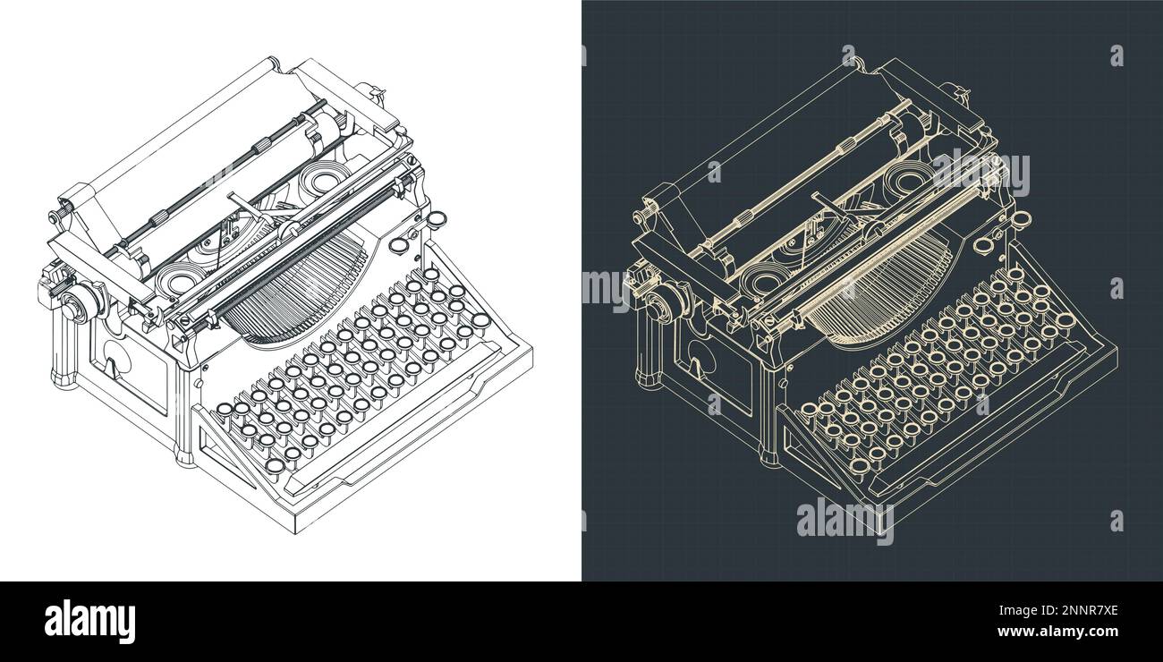 Stilisierte Vektordarstellungen isometrischer Entwürfe der Retro-Schreibmaschine Stock Vektor