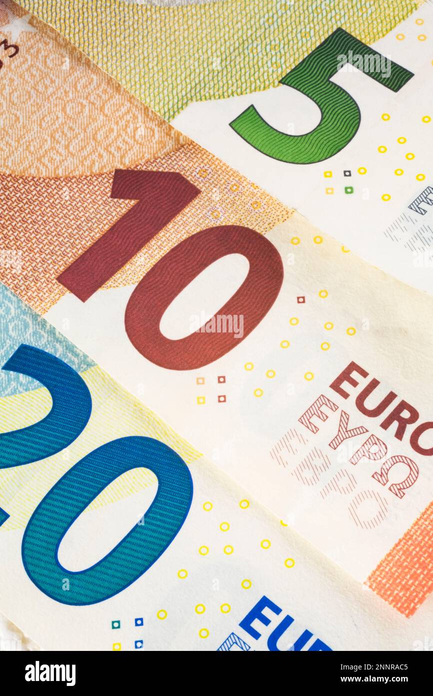 Zwanzig, zehn und fünf Euro Stückelung Papiergeld Banknoten, Studio, Komposition, Quebec, Kanada Stockfoto