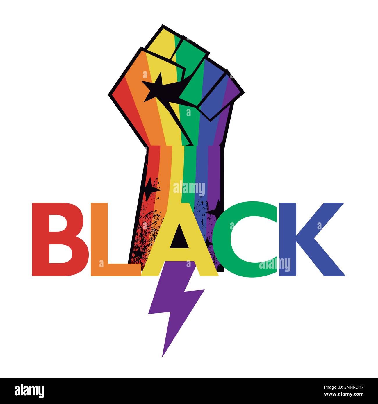 Schwarz. Design für schwarzes History Month T-Shirt. Vektordarstellung der Faust mit den Farben des Regenbogens. Stock Vektor