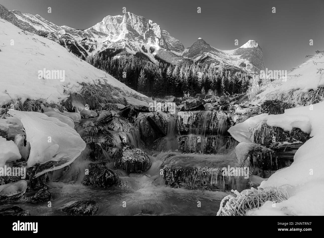 Der Sulfur Creek fließt durch die gefrorene Berglandschaft in Schwarz und Weiß, Canmore, Alberta, Kanada Stockfoto