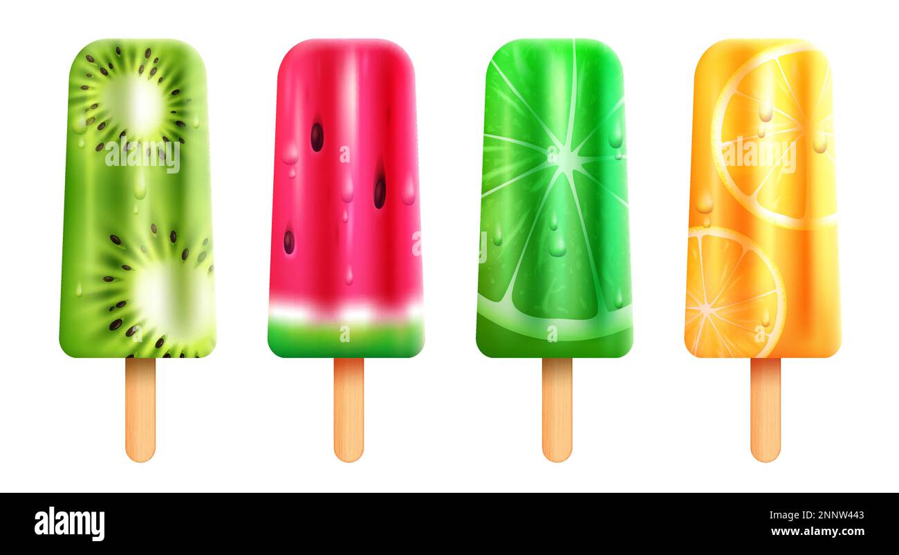 „Eis am Stiel“-Vektorset-Design. Eis am Stiel Kiwi, Wassermelone, Limette und Zitronenfrüchte, isoliert auf weißem Hintergrund. Vektorbildnis für Sommer-Eis am Stiel. Stock Vektor