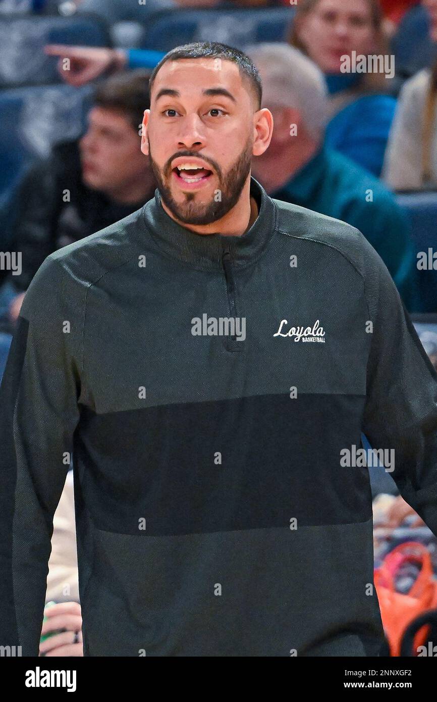 25. FEBRUAR 2023: Loyola (Il) Ramblers Cheftrainer zeichnete Valentine in einem Konferenzspiel, bei dem die Loyola Chicago Ramblers die St. Louis Billikens. In der Chaifetz Arena in St. Louis, MO, 25. Februar 2023, Richard Ulreich/CSM Stockfoto