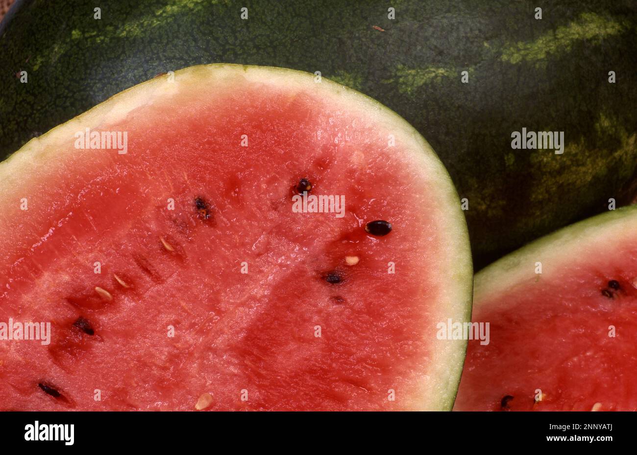 FREI FÜR HALBIERTER WASSERMELONE (CITRULLUS LANATUS) MIT SAMEN. Stockfoto