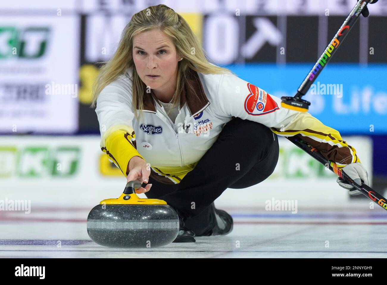 Manitoba skip Jennifer Jones delivers a rock while playing against