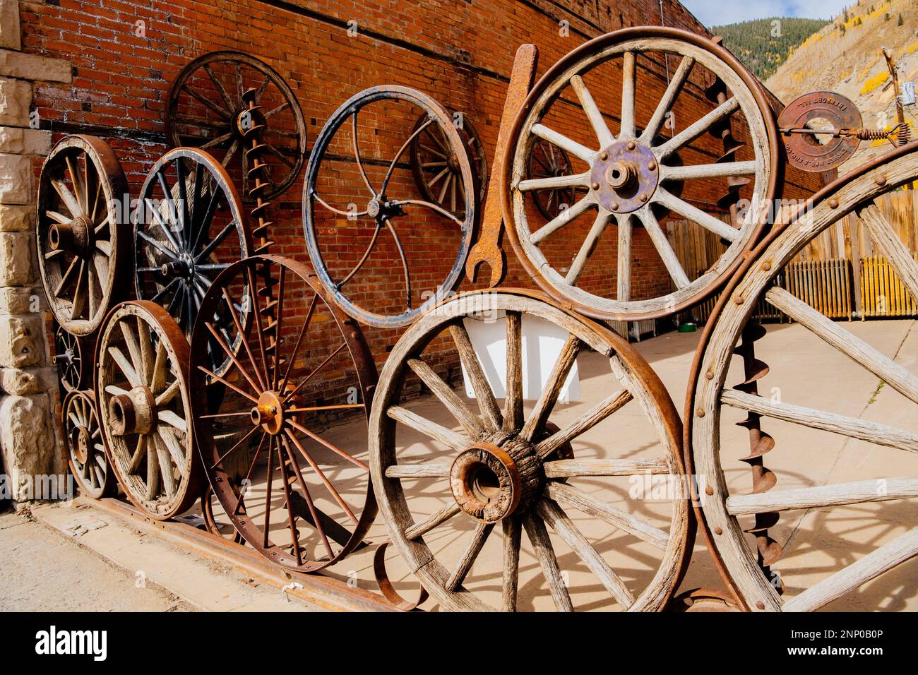 Wagenradzaun in Durango, Colorado, USA Stockfoto