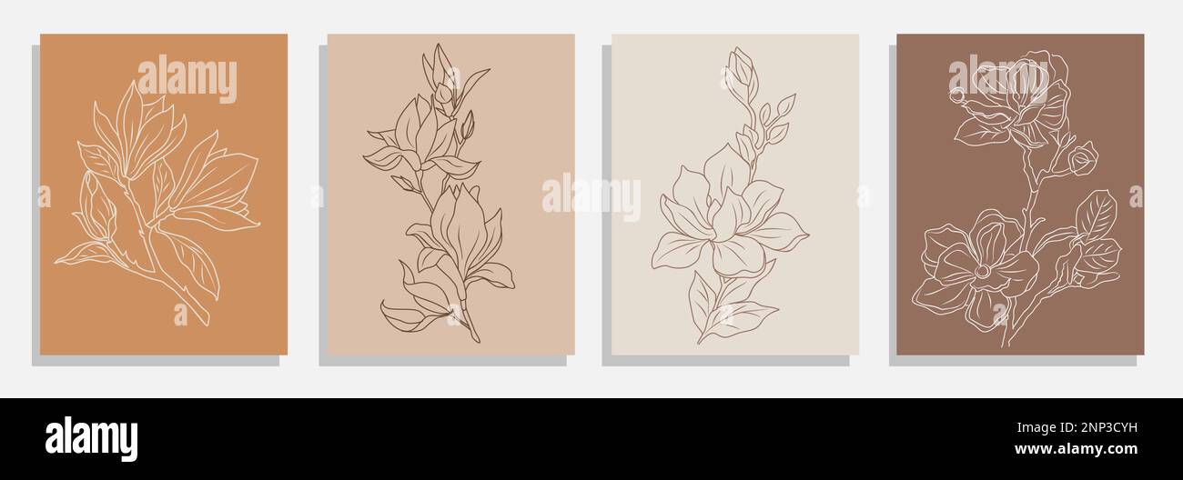 Ein-Linien-Zeichnungsvektor Magnolia Flowers Print Set Stock Vektor