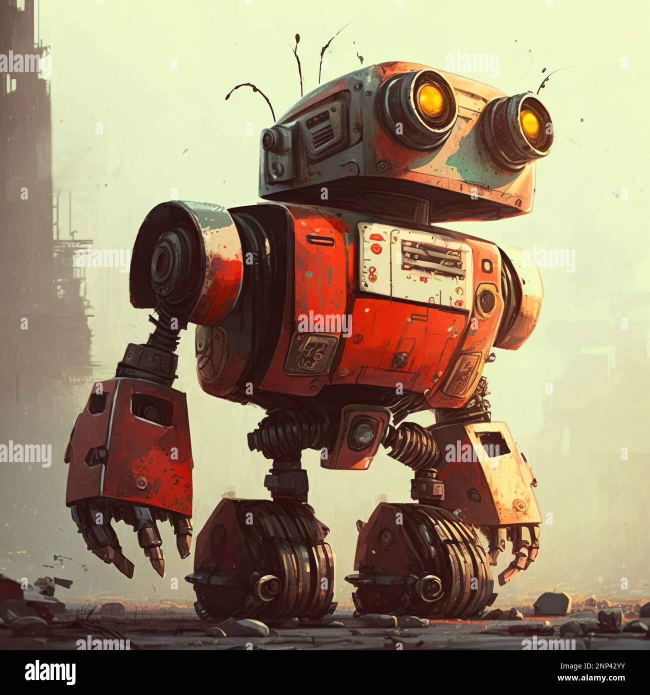 Oldtimer-Roboter mit industriellem Hintergrund, kleiner lustiger rostiger Roboter, Illustration, generative KI. Futuristisches Retro-Design, Kinderspielzeug. Konzept von fut Stockfoto