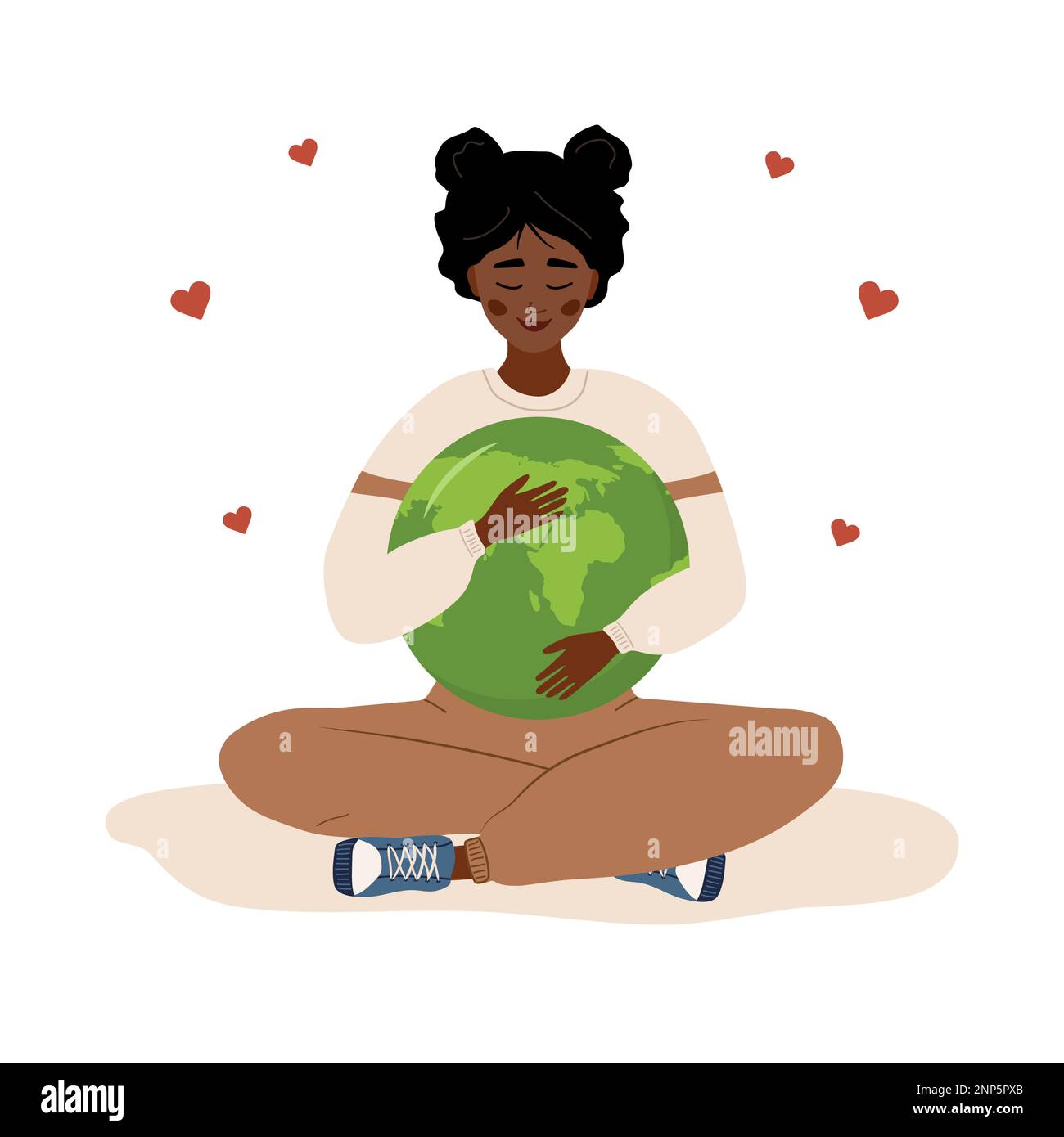 Lächelnde afrikanerin umarmt den Planeten Erde mit Liebe und Liebe. Natur- und Umweltfreundlichkeit. Umweltbewusstsein-Konzept. Machen Sie eine Alltagswelt Stock Vektor